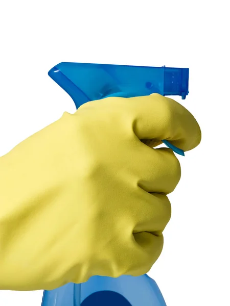 Main Dans Gant Latex Jaune Avec Bouteille Pulvériser Bleue Isolée — Photo