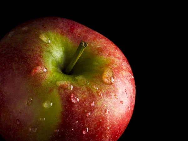 Close Fresh Red Apple Water Drops Black Background — Stock Photo, Image