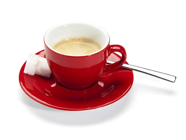Rote Tasse Auf Untertasse Gefüllt Mit Espresso Mit Löffel Und — Stockfoto