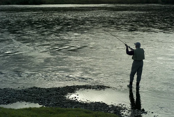 Man Stands Fishing Riverbank Scotland — Stock Photo, Image