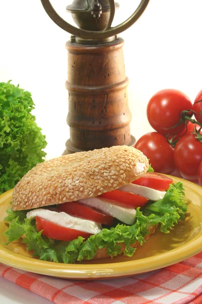 Bagel Med Tomat Och Mozzarella — Stockfoto