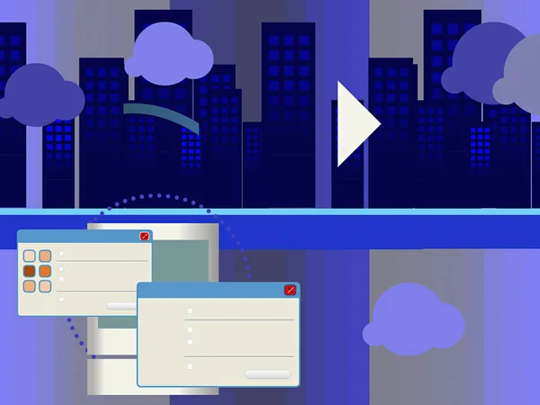 Two dialog boxes in front of a computer with clouds over a city