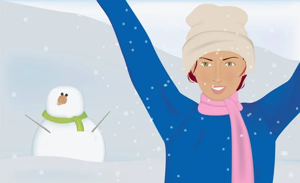 Portrait of a woman standing in front of a snowman