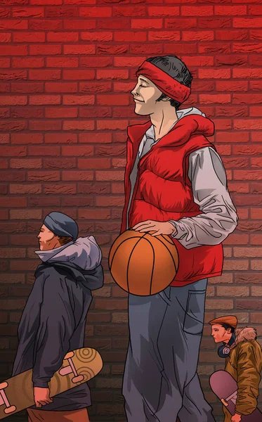 Side profile of a man playing basketball with two men holding skateboards