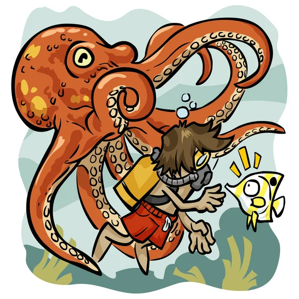 Man swimming underwater with an octopus and a fish