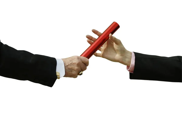 Two Hands Holding Red Pencil Isolated White — Stock Photo, Image