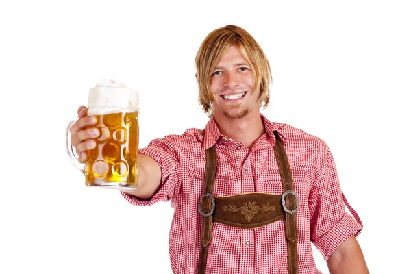 Felice Uomo Ridente Con Pantaloni Pelle Tiene Oktoberfest Stein Birra — Foto Stock