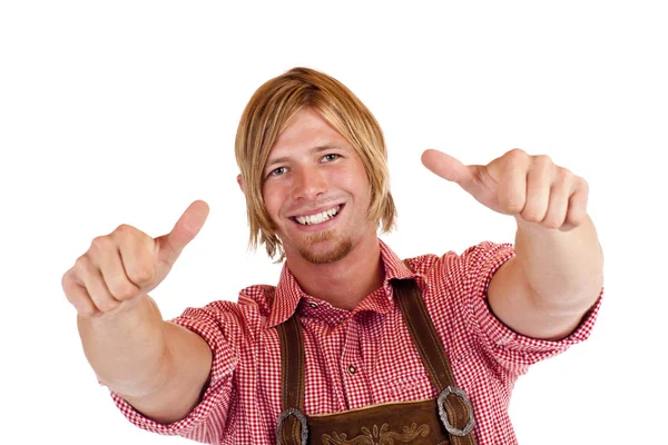 Man Leather Trousers Shows Both Thumbs — Stock Photo, Image