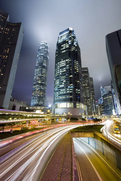 Hong Kong Éjszaka Highrise Épületek — Stock Fotó