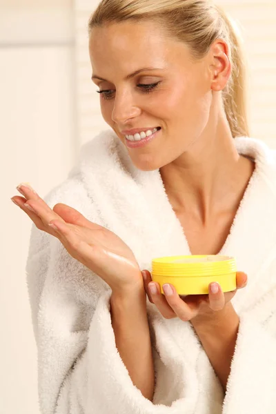 Young Woman Bathrobe Toothbrush Bathroom — Stock Photo, Image