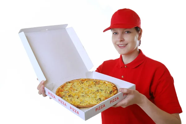 Dostawca Pizzy Trzymając Pudełko Fast Food — Zdjęcie stockowe