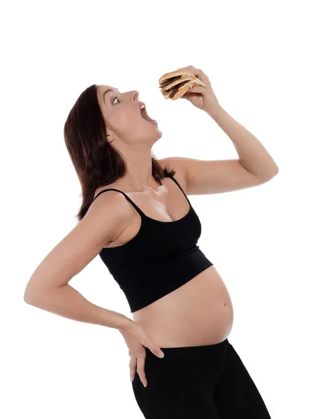 Kobieta Ciąży Jeść Hamburger Chciwość — Zdjęcie stockowe
