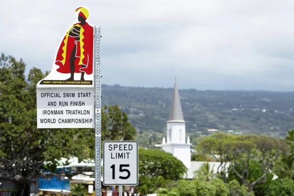Speed limit signboard with a church in the background, Mokuaikaua Church, Kailua-Kona, Kona, Big Island, Hawaii Islands, USA