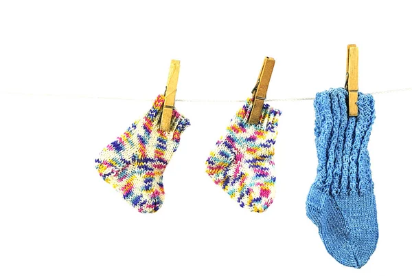 Socks Hanging Clothesline Isolated White — Stock Photo, Image