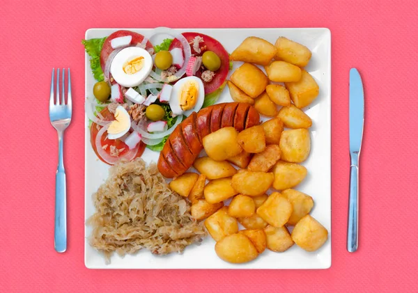 Wratwurst Sauerkraut Salad Potatoes — Stock Photo, Image
