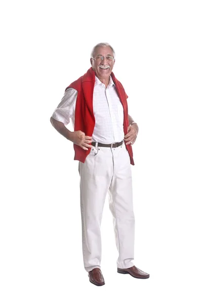 Portrait Homme Âgé Chemise Rouge Avec Batte Baseball Isolée Sur — Photo