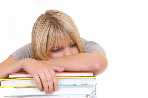 Exhausted Young Woman Pile Books — Stock Photo, Image
