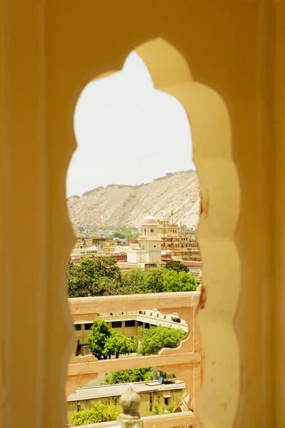 High angle view of the city from the window, City Palace, Jaipur, Rajasthan, India