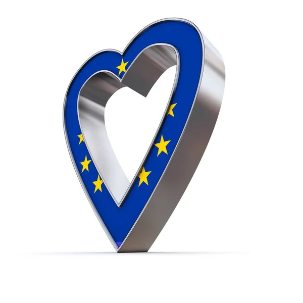 Lśniące Metalowe Serce Flaga Unii Europejskiej — Zdjęcie stockowe