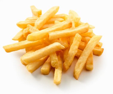 Healthy fresh golden crispy oven baked pommes frites or potato chips arranged on a white surface for menu advertising clipart