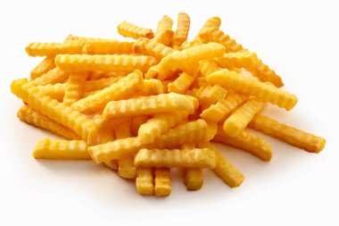 Heap of crispy golden crinkle cut potato chips or Pommes Frites on a white background for a menu clipart