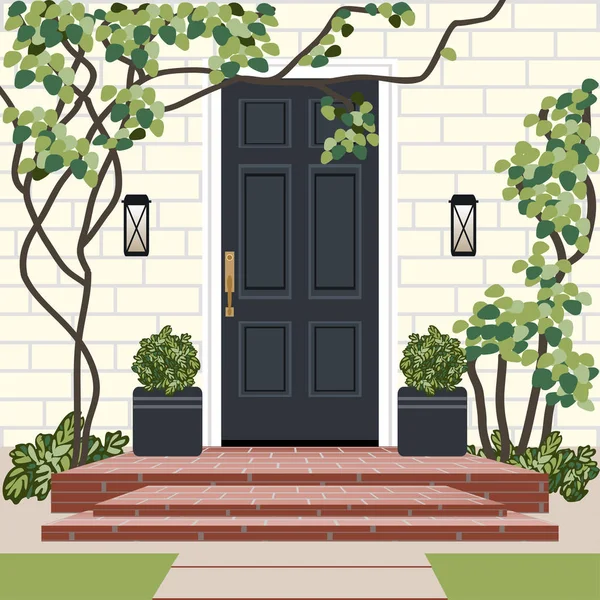 House door front with doorstep and lamps, flowers, entry facade building,  exterior entrance design illustration vector in flat style Stock Vector  Image & Art - Alamy