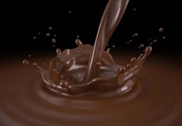 液体巧克力浇注与冠飞溅和波纹 在黑色背景上 包括裁剪路径 — 图库照片