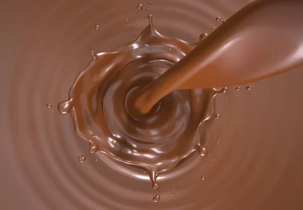 リキッドチョコレートは 波紋とスプラッシュを注ぐ 上から見た — ストック写真