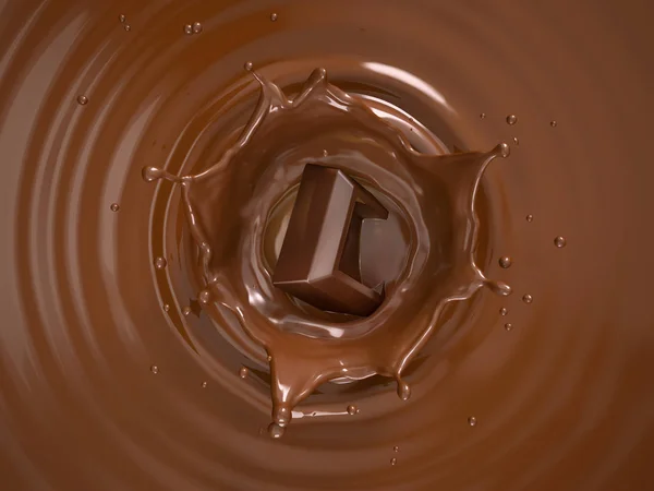 チョコレートキューブは クラウンスプラッシュと円形の波紋を持つチョコレート液体プールに飛び散っています 上から見ると — ストック写真