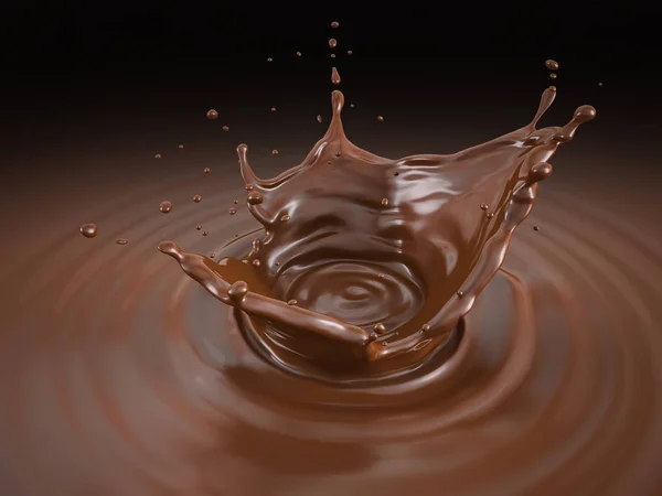 Chocolate Líquido Splash Coroa Com Ondulações Vista Panorâmica Fundo Preto — Fotografia de Stock
