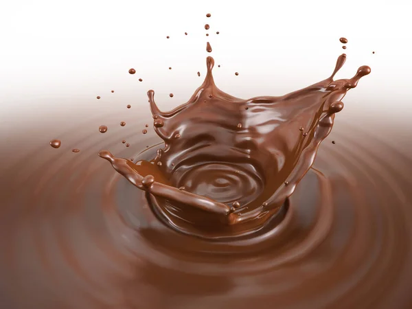 Chocolate Líquido Splash Coroa Com Ondulações Vista Panorâmica Fundo Branco — Fotografia de Stock