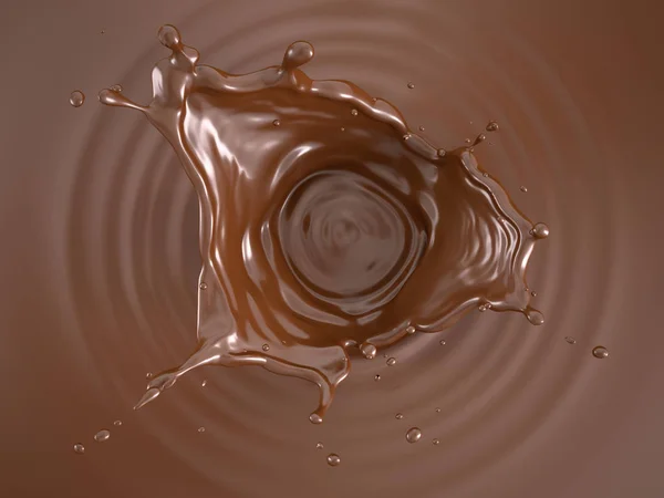 液体チョコレート クラウン スプラッシュ 液体チョコレートのプール 円形のさざなみ 上から見た — ストック写真