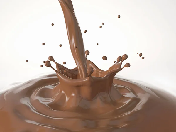 Chocolate Líquido Splash Coroa Com Ondulações Vista Panorâmica Fundo Branco — Fotografia de Stock