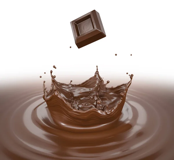 チョコレート キューブ クラウン スプラッシュと円形チョコレートの液体プールにしぶきの波紋します 鳥の目のビュー 白い背景の上 — ストック写真
