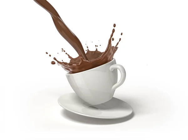 Біла Чашка Блюдці Рідким Шоколадом Наливають Розбризкують Ньому Ізольовані Білому — стокове фото