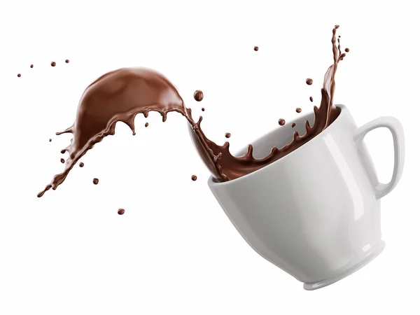 White Porcelain Mug Cup Liquid Chocolate Wave Splash Isolated White — Stock Photo, Image