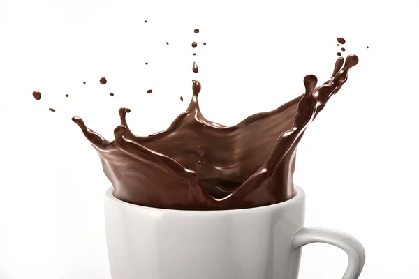 Witte Kop Met Donkere Chocolade Splash Geïsoleerde Witte Achtergrond Close — Stockfoto