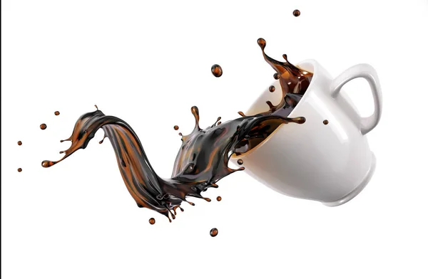 白いカップ マグカップ 白い背景で隔離から試せる液体コーヒーの波 クリッピング パスを含める — ストック写真