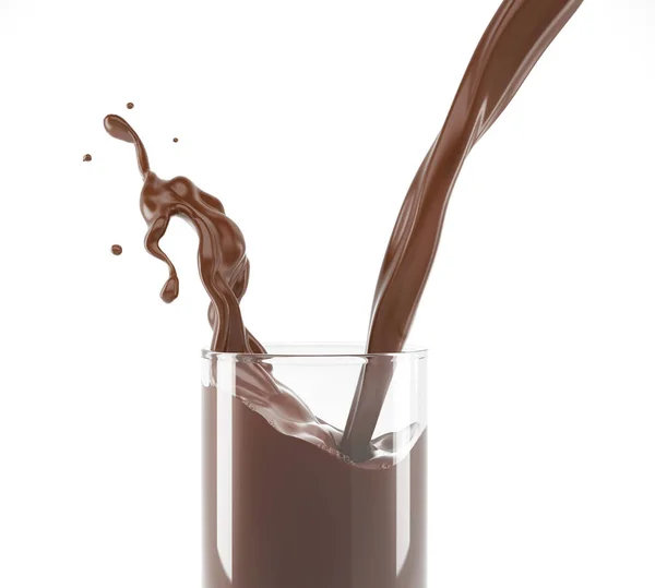 Gieten Vloeibare Chocolade Een Glas Met Splash Close Zijaanzicht Witte — Stockfoto