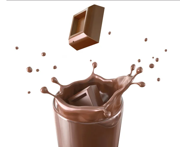 Dos Cubos Chocolate Salpicando Vaso Lleno Chocolate Líquido Con Salpicadura — Foto de Stock