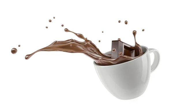 Шоколадний Кубик Розбризкується Білу Чашку Бризками Ізольовані Білому Тлі Відсічний — стокове фото