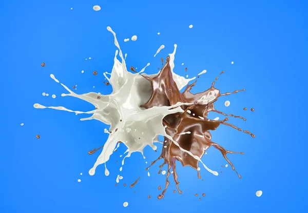 우유와 초콜릿 공중에서 대하여 페인트 파란색 바탕에 — 스톡 사진