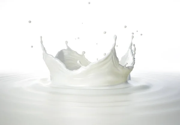 ミルク クラウンのスプラッシュ ミルク プールで水しぶきの波紋します 側面図です 白い背景の上 — ストック写真