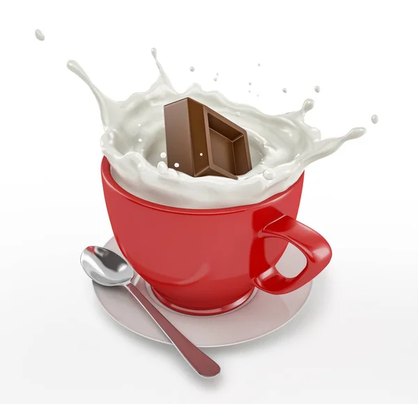 Röd Kopp Full Mjölk Med Cocolate Kub Stänk Med Tefat — Stockfoto