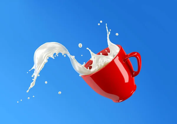 Taza Roja Saltando Con Salpicaduras Leche Aislado Sobre Fondo Azul —  Fotos de Stock