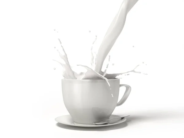 スプラッシュと白磁カップ マグカップにミルクを注ぐ スプーンで受け皿に白い背景上に分離 クリッピング パスを含める — ストック写真