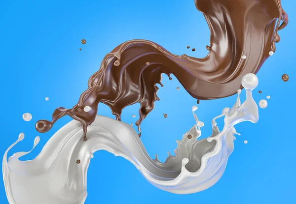 Melk Chocolade Verf Spatten Tegen Elkaar Lucht Blauwe Achtergrond — Stockfoto