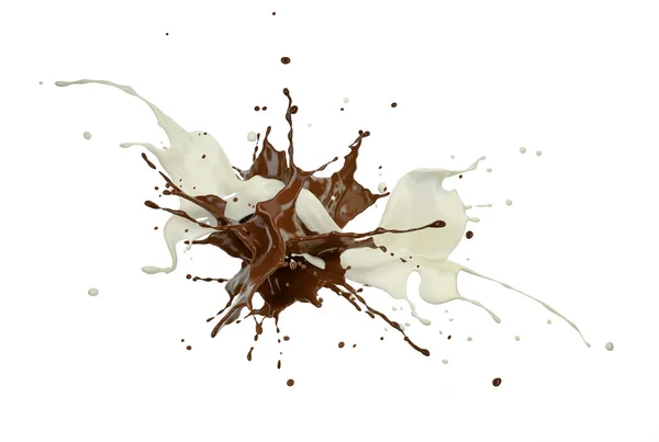 Молоко Шоколадные Потоки Брызгают Друг Друга Белом Пространстве — стоковое фото