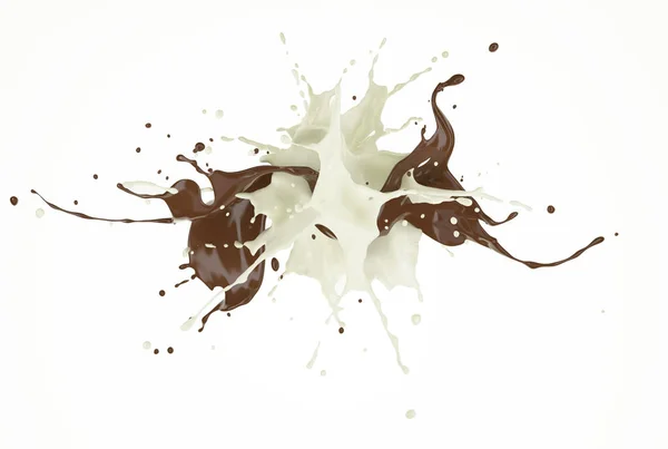 Latte Cioccolato Vernice Spruzzi Uno Contro Altro Aria Sfondo Bianco — Foto Stock