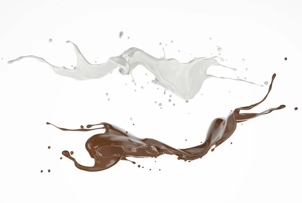 Молоко Шоколад Брызги Краски Летящие Воздухе Белом Фоне — стоковое фото
